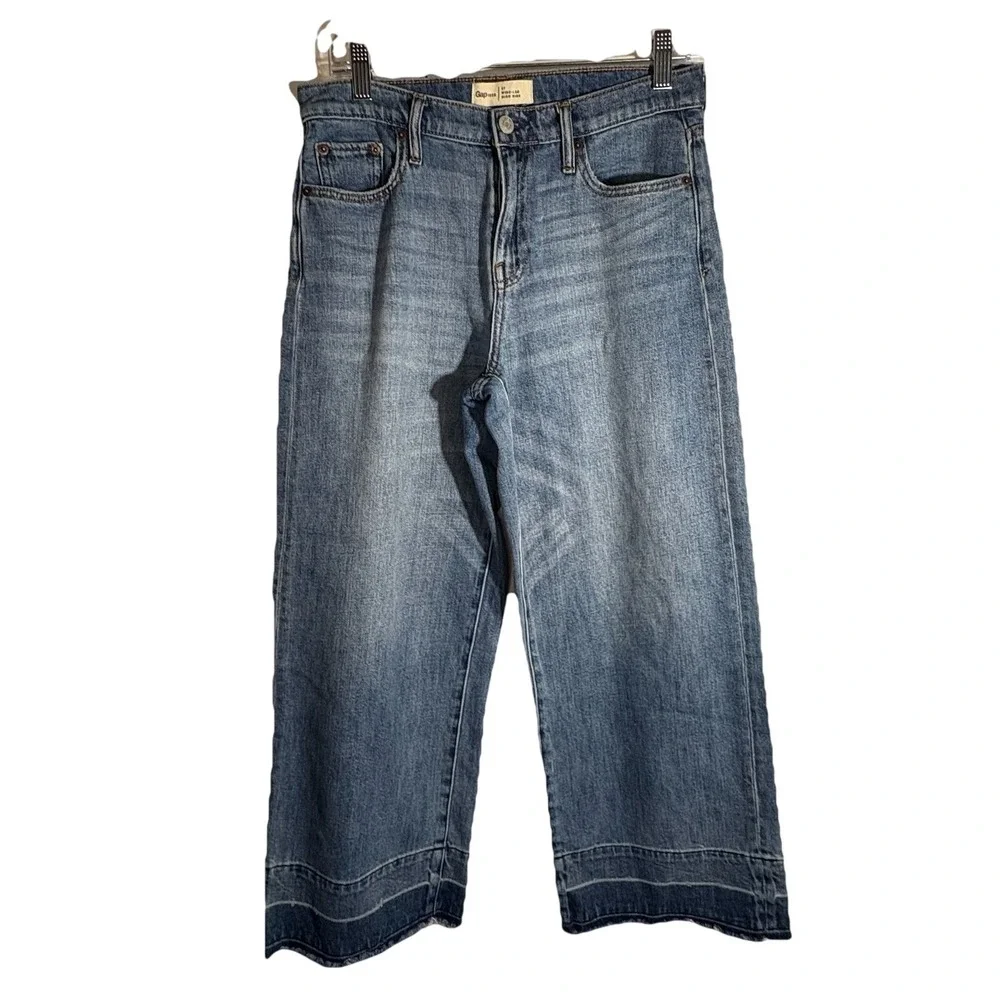GAP Classic Blue Women 27 High Rise Wide-Leg Jeans 100% Cotton Boho Frayed Hem - Picture 2 of 7